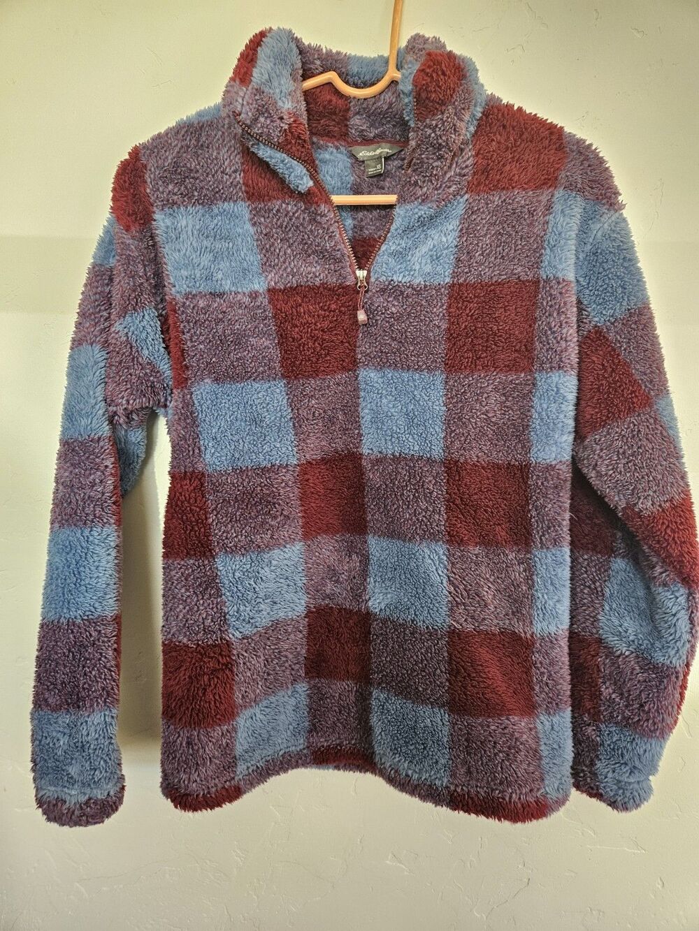 Eddie Bauer Women's Sherpa Fleece 1/4 Zip Pullover, Blue/Maroon Plaid, XS